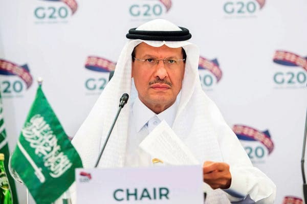 Prince Abdulaziz bin Salman Al-Saud, Saudi Arabia’s energy minister, leads a recent virtual summit of the G20 energy ministers at his office in Riyadh, Saudi Arabia. (Saudi Energy Ministry via AP)