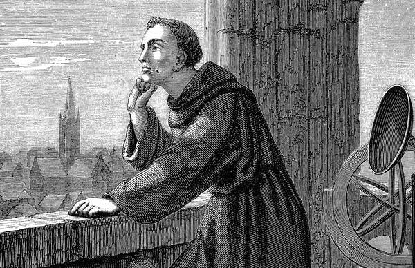 Artist Jan Verhas illustrated Roger Bacon observing stars from Oxford. Astronomy was just one of the many areas of science Bacon explored as he compiled encyclopedias of scientific knowledge. Wikimedia