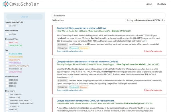 COVIDScholar is a search engine with machine learning algorithms under the hood. Screen capture by The Conversation