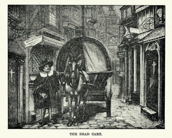 Vintage engraving of a dead cart collecting the bodies of plague victims during the last Great Plague of London, which extended from 1665 to 1666. duncan1890/ Getty Images
