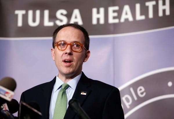 Tulsa Mayor G.T. Bynum speaks during a news conference at police headquarters. (Matt Barnard/Tulsa World via AP)