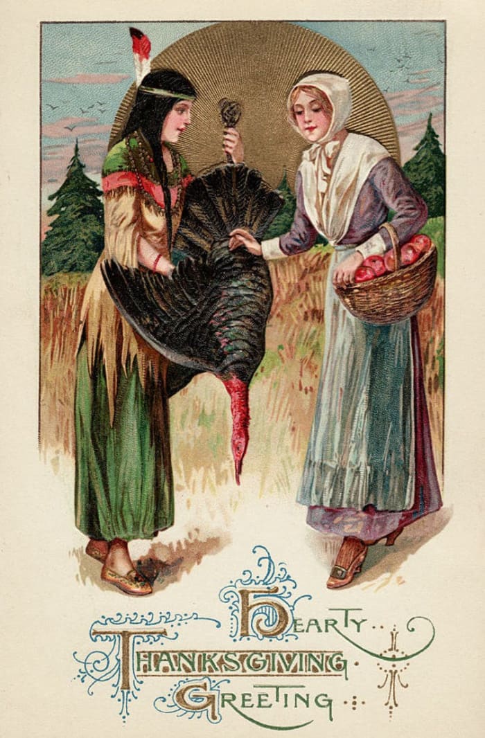 A postcard from 1912 depicts goodwill and cooperation between Native Americans and colonists. Samantha Vuignier/Corbis via Getty Images