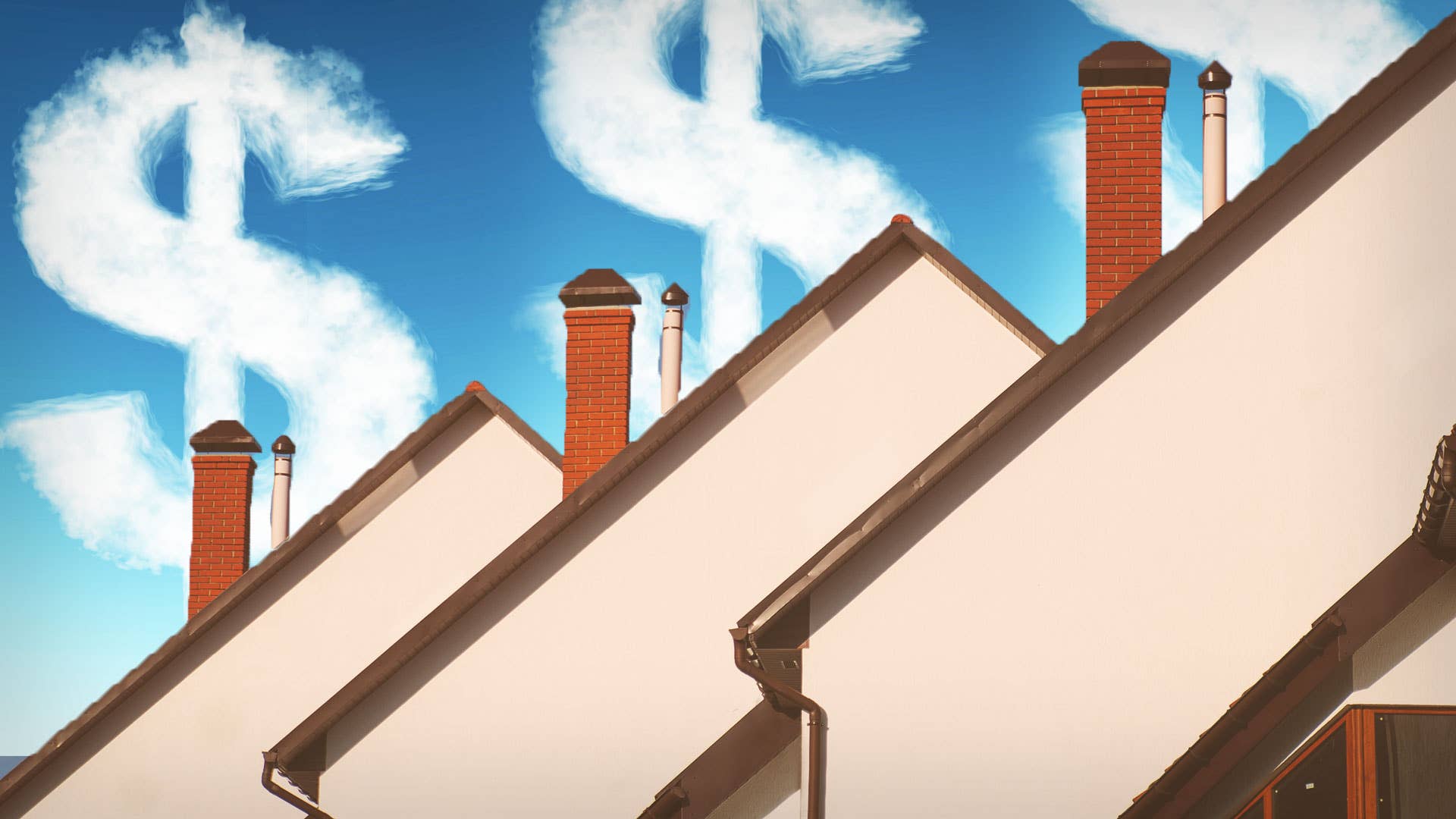 An image of three homes with clouds in the shape of dollar signs.