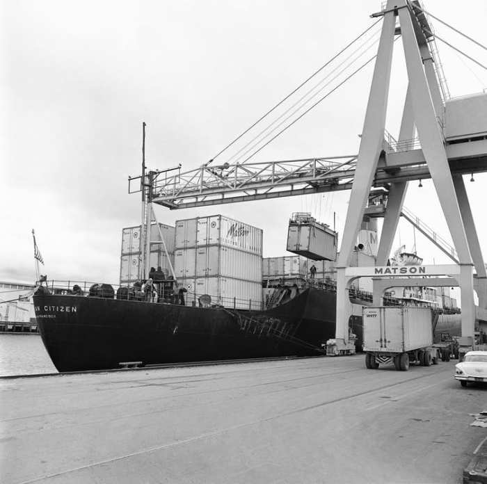 The Matson Hawaiian Citizen was one of the first ships converted into a container vessel, seen here at a San Francisco pier in 1963. AP Photo
