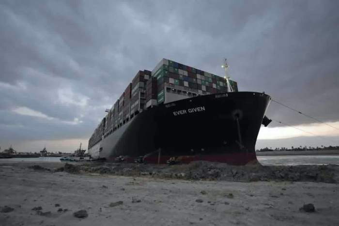 The Ever Given was stuck for nearly a week, snarling global supply chains. Suez Canal Authority via AP