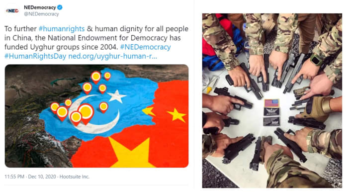 Sources: Screen captures of NED tweet showing “East Turkestan” as separated from mainland China; Altay Defense (Instagram 2020)