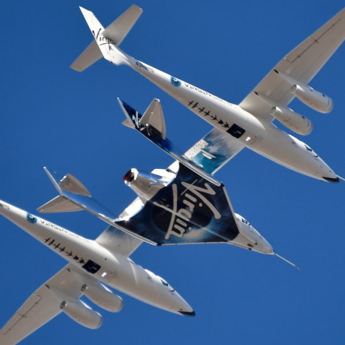 Figure 1: The Virgin Galactic rocket plane, the WhiteKnightTwo carrier airplane, with SpaceShipTwo passenger craft takes off from Mojave Air and Space Port in Mojave, California.