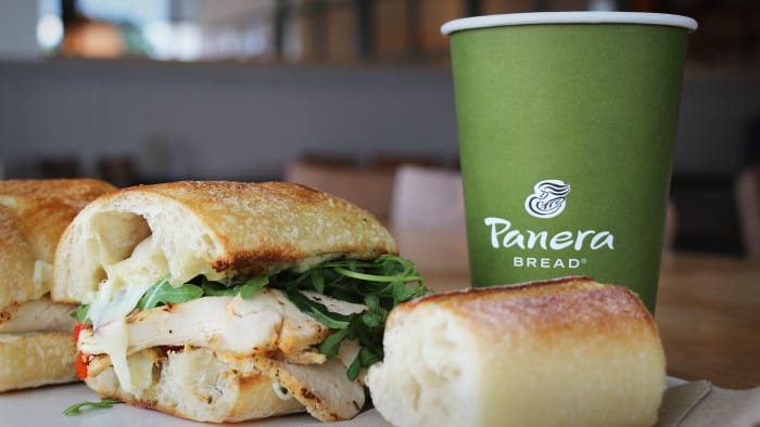 A Panera sandwich and beverage.