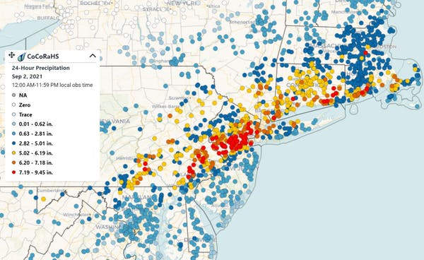 Rainfall totals over 24 hours, Sept. 1-2, 2021. CoCoRaHS Mapping System, CC BY-ND