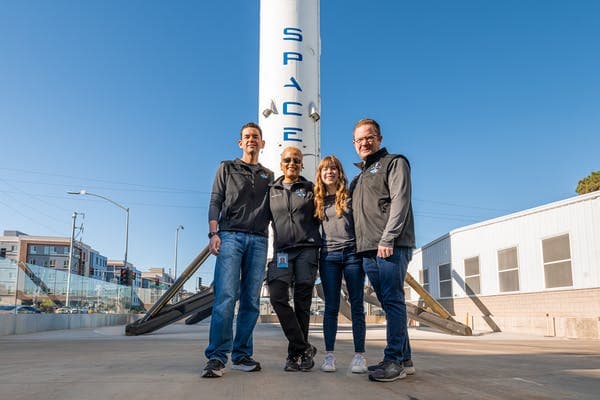 The four crew members of the Inspiration4 mission are a physician assistant, a data engineer, a geoscientist and billionaire Jared Isaacman, left. Inspiration4/John Kraus via Flickr, CC BY-NC-ND