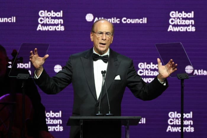 CEO of BlackRock Larry Fink speaks during the 2025 Atlantic Council Global Citizen Awards event on the sidelines of the United Nations General Assembly in New York City on September 24, 2025. 