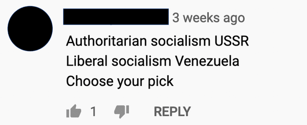 A YouTube commenter uses a megaphone-like approach to preach about the perils of socialism. Screen shot by Robert Kozinets