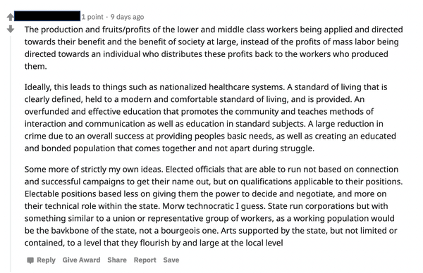 This Reddit post explores the benefits of changes that some might label as socialist. Screen shot by Robert Kozinets.
