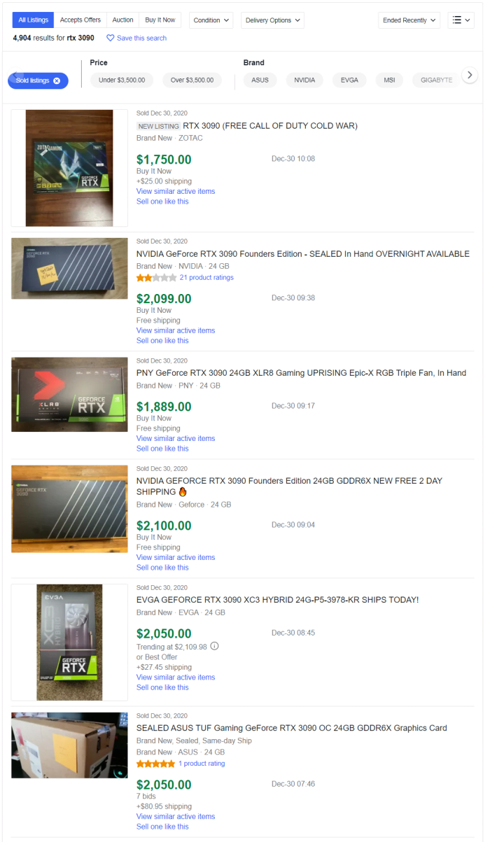 Recent eBay sales of graphics cards powered by Nvidia's RTX 3090 GPU.  Source: eBay.