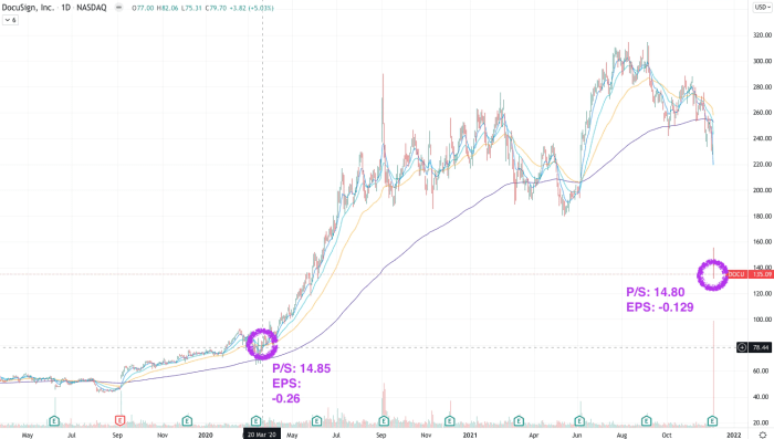 Daily price chart of DOCU showing it's current price-to-sales ratio of 14.8 compared to it's pandemic crash low of 14.85.