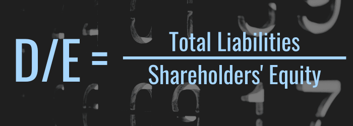 Darkened background image with text overlay formula that reads "D/E = Total Liabilities / Equity"