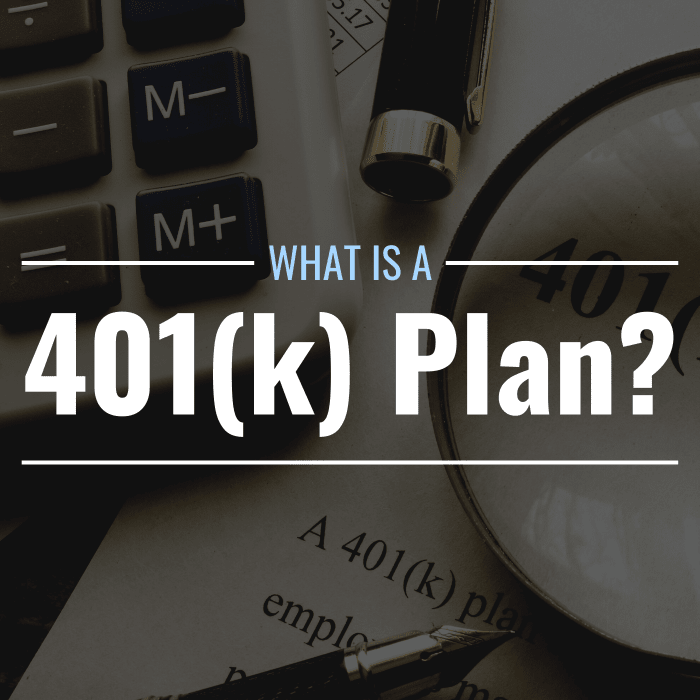 Darkened closeup photo of a calculator, pen, magnifying glass, and 401(k) paperwork on a desk with text overlay that reads "What Is a 401(k) Plan?"