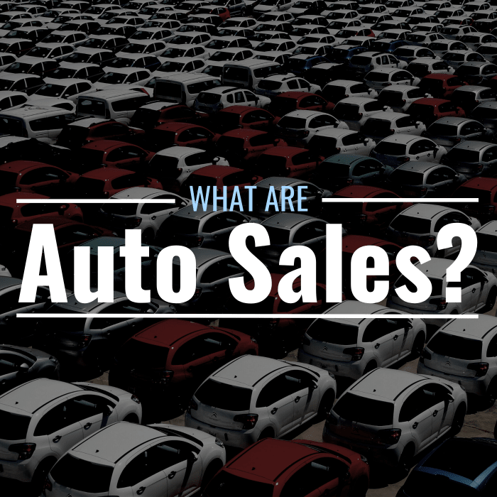 Photo of new cars parked together with text overlay that reads "What Are Auto Sales?"