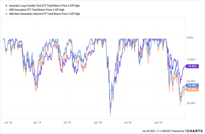 LOUP vs. ARKK vs. ARKW Drawdown