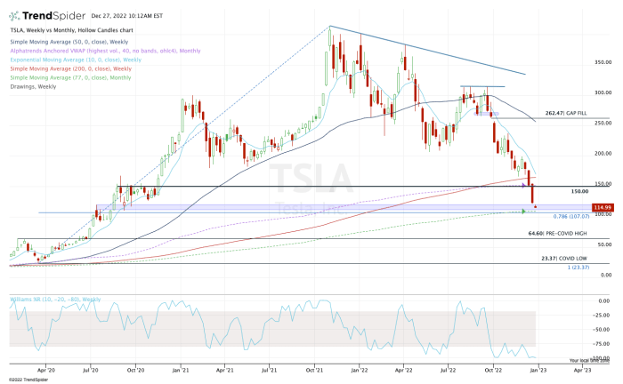 Weekly chart of Tesla stock.