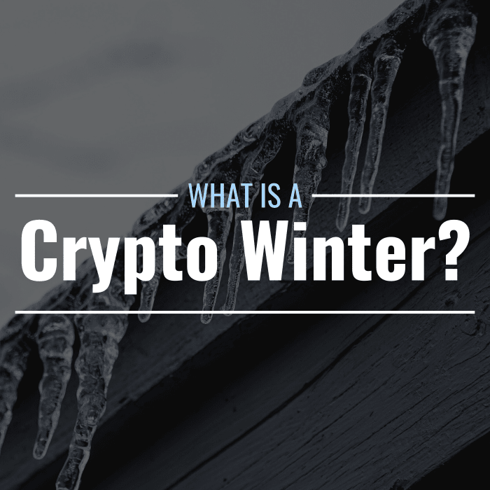 Tinted close-up photo of icicles hanging from a roof with text overlay that reads "What is a crypto winter?"