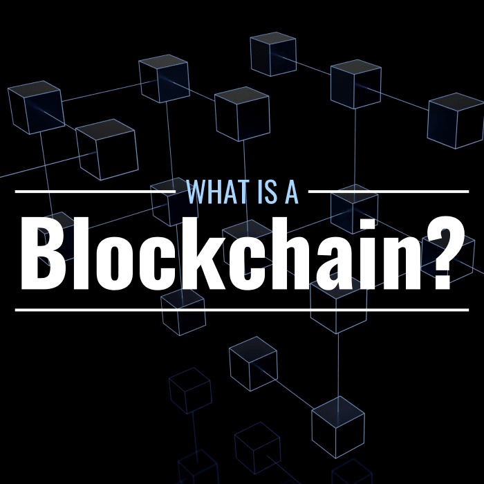A digital image of many floating cubes connected by lines with text overlay that reads "What Is a Blockchain?"