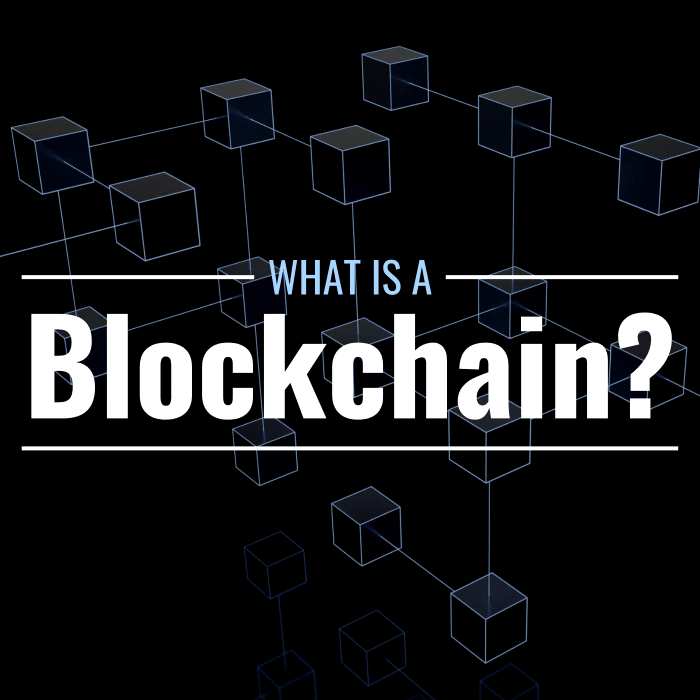 A digital image of many floating cubes connected by lines with a text overlay that reads "What is a blockchain?"