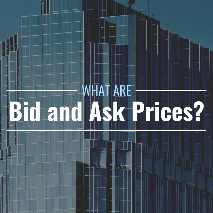 reads a dark photo-text overlay of a large, corporate-looking building with glass windows "What are the bid and ask prices?"