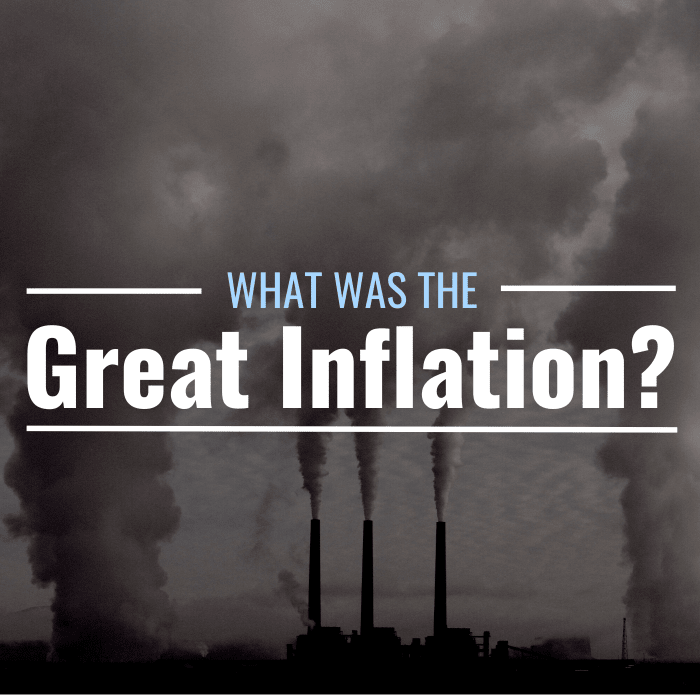 Photo of chimneys emitting large plumes of smoke with text overlay with the text "What was the great inflation?"