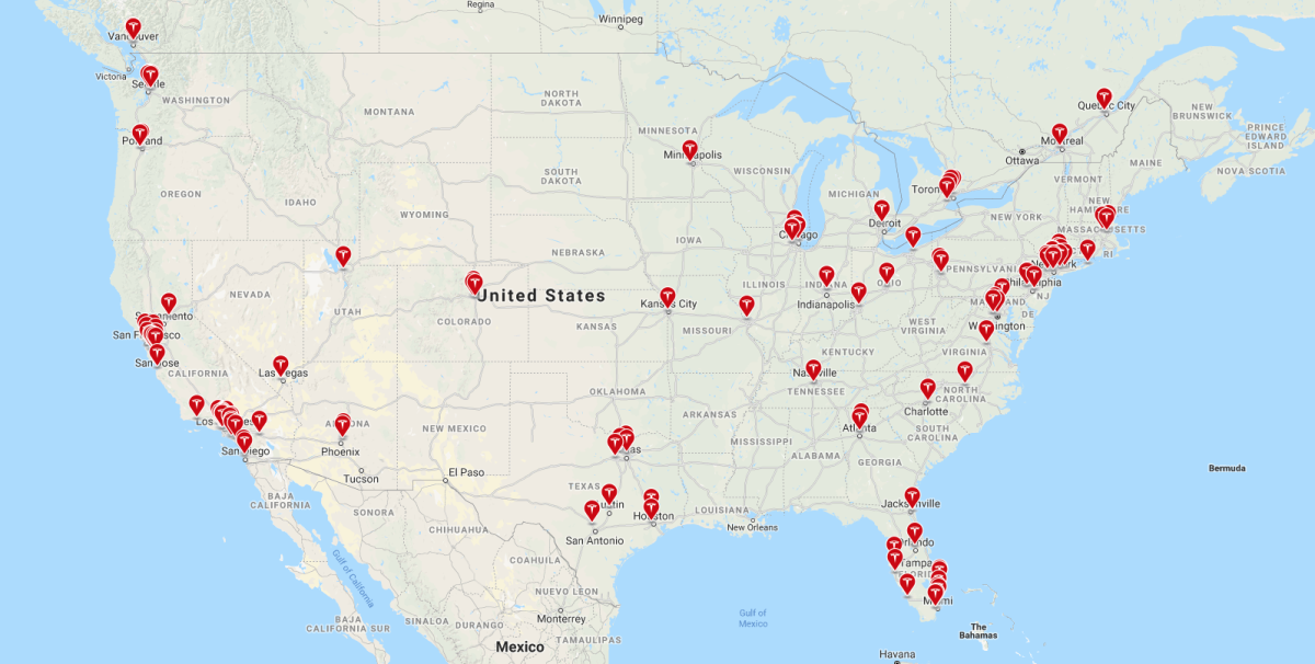 Tesla's current store footprint in the contiguous 48 states.
