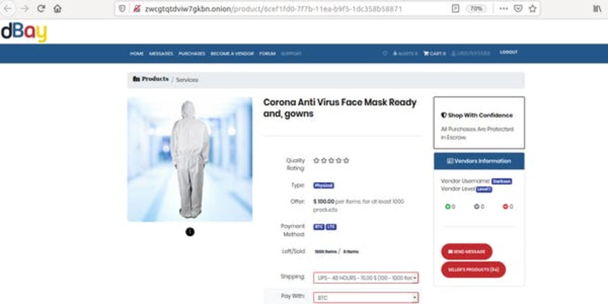 COVID-19 protective gear is a common product type on darknet e-commerce sites. Screenshot by David Maimon, CC BY-ND
