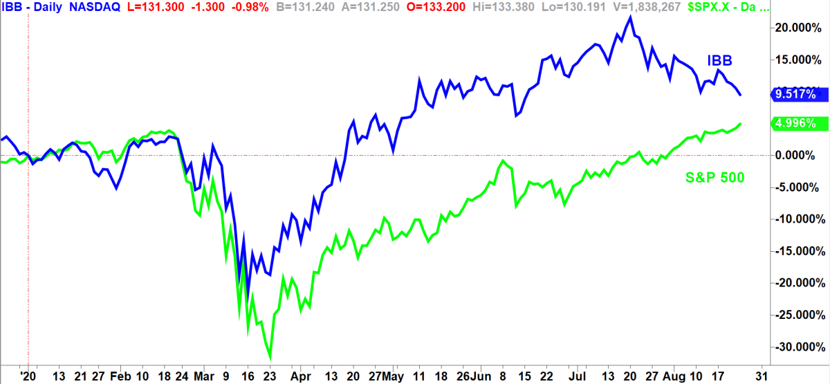 S&P 500 (green) vs. IBB (blue). Chart by TradeStation