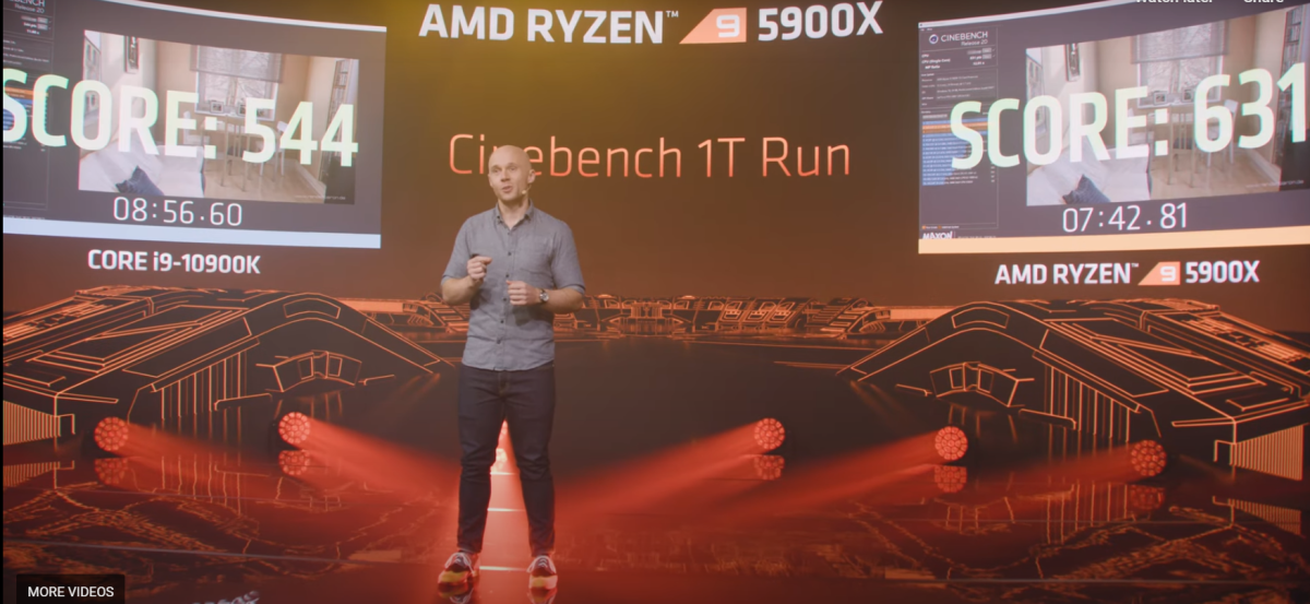 AMD's Ryzen 9 5900X CPU and Intel's Core i9-10900K CPU compared while running the Cinebench content-creation benchmark. Source: AMD.