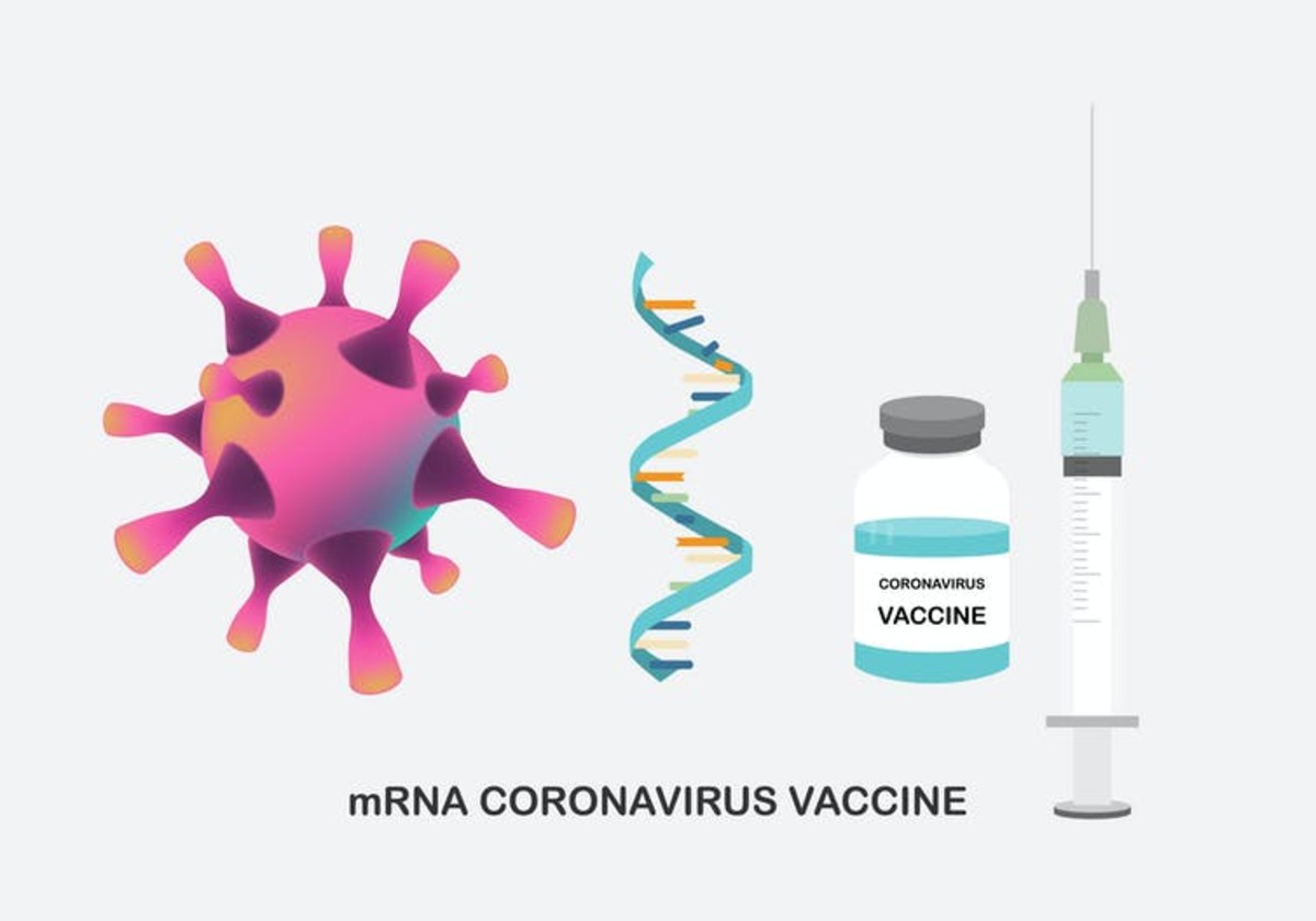 Both Pfizer’s and Moderna’s COVID-19 vaccines are molecules called mRNA, the twisted ladder above, that encode a part of the virus called the spike protein. undefined undefined/iStock/Getty Images Plus