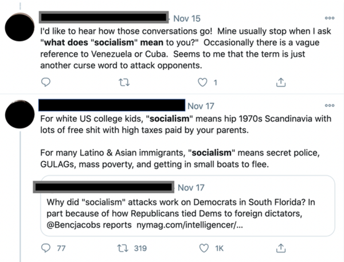 The meaning of socialism discussed on Twitter. Screen shot by Robert Kozinets