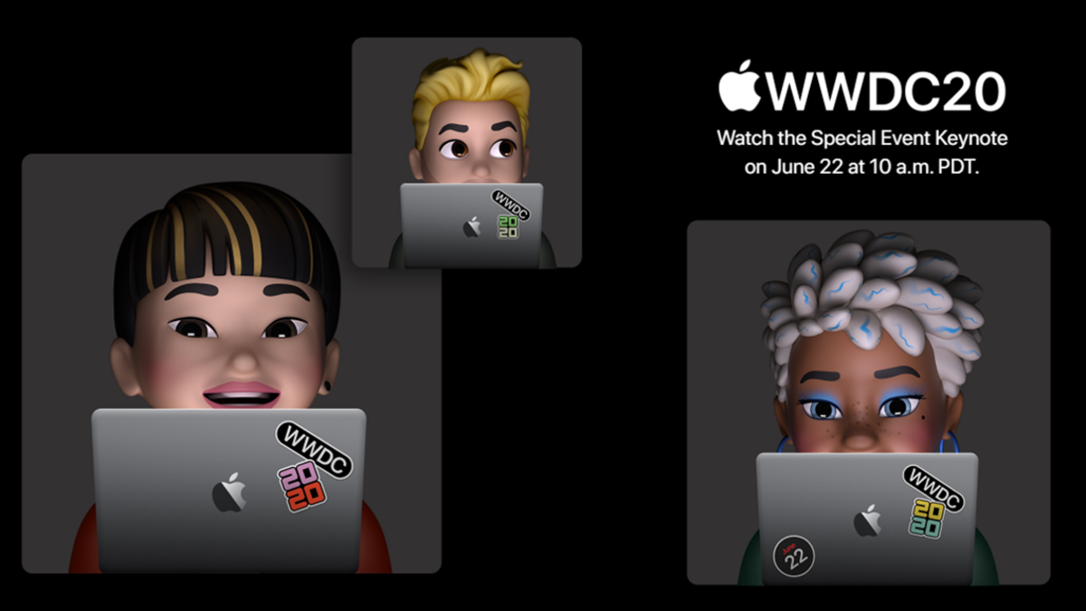 Apple WWDC promo image, cartoon characters on their laptops
