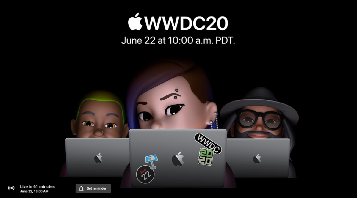 Apple's WWDC YouTube live coverage, promo image, cartoons with dark background.
