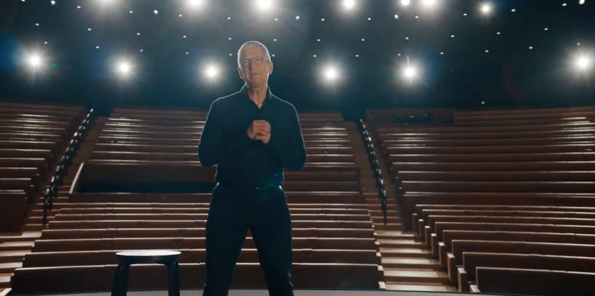 Tim Cook on stage speaking at WWDC 2020