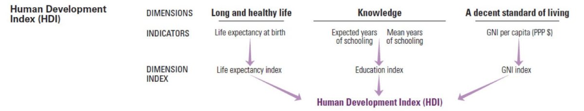 A U.N. flowchart indication the components that contribute to the Human Development Index (HDI), including "Long and healthy life," "Knowledge," and "A decent standard of living"