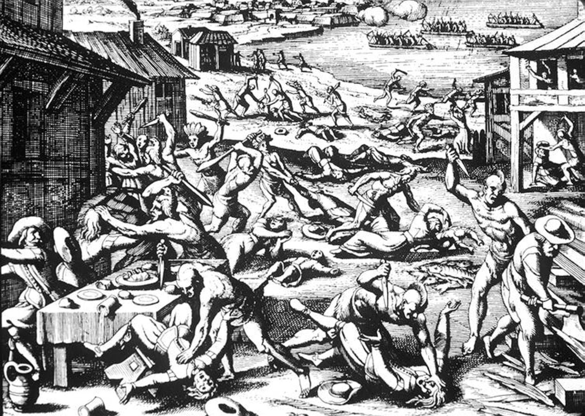Matthäus Merian’s woodcut print depicted brutal bloodshed in Jamestown, shaping European attitudes toward Native Americans. Wikimedia Common
