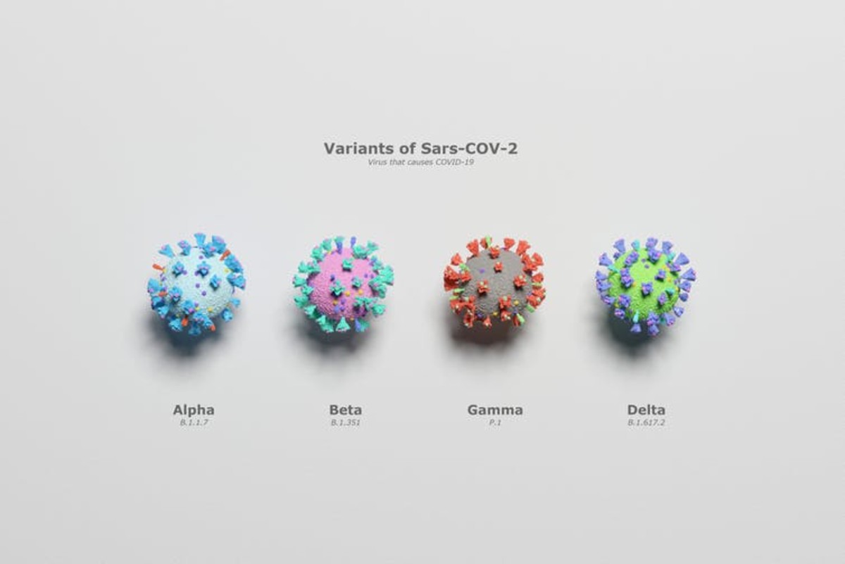 3d Variants of Covid-19 Virus (Sars-COV-2). Alpha, Beta, Gamma, Delta in white background. Shutterstock