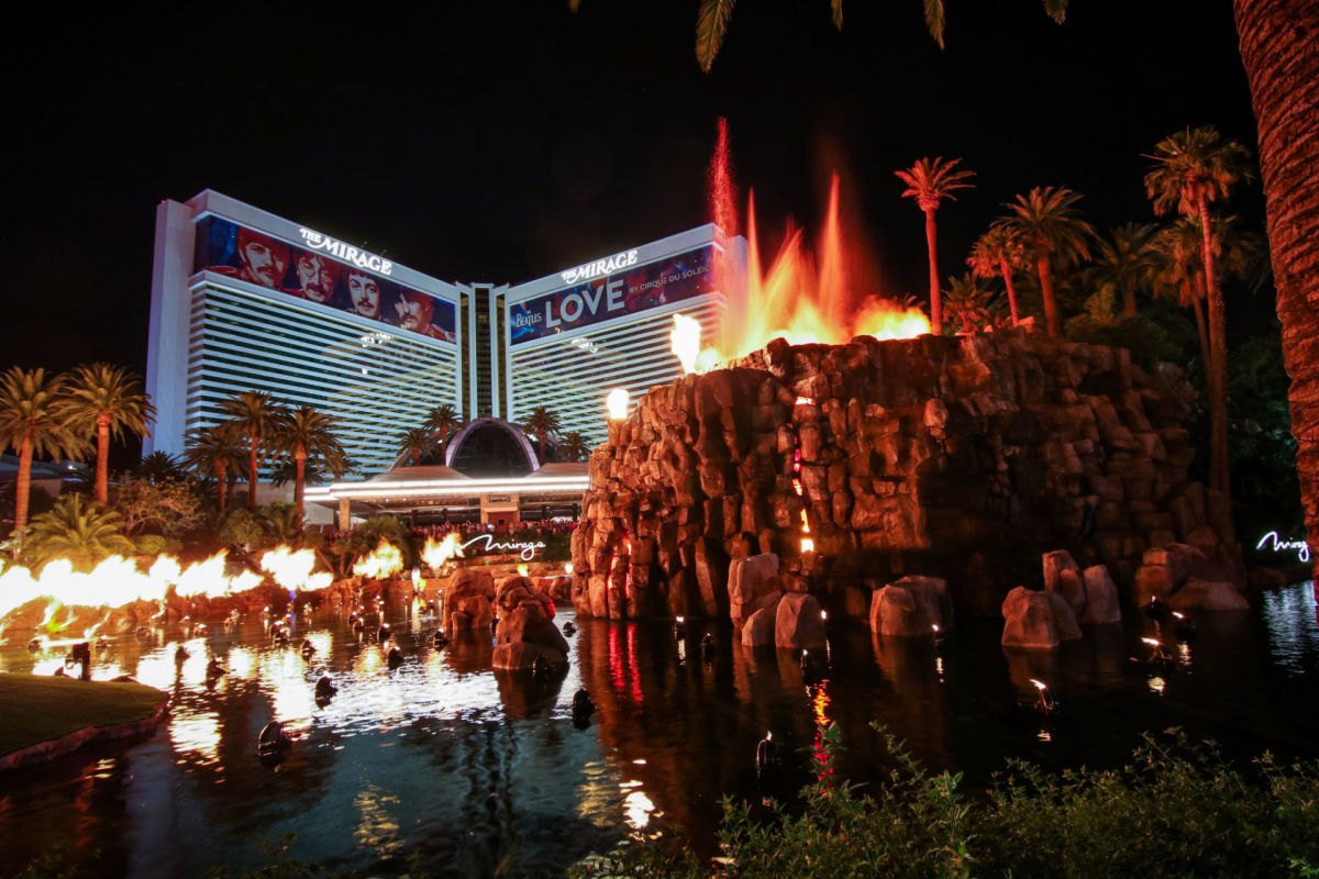 The exterior of The Mirage Hotel & Casino at night. DK