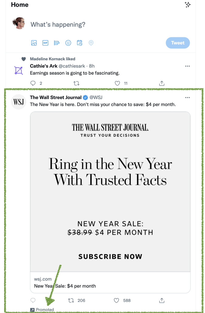 Tweet from twitter.com showing how an ad now always appears above-the-fold in the feed.