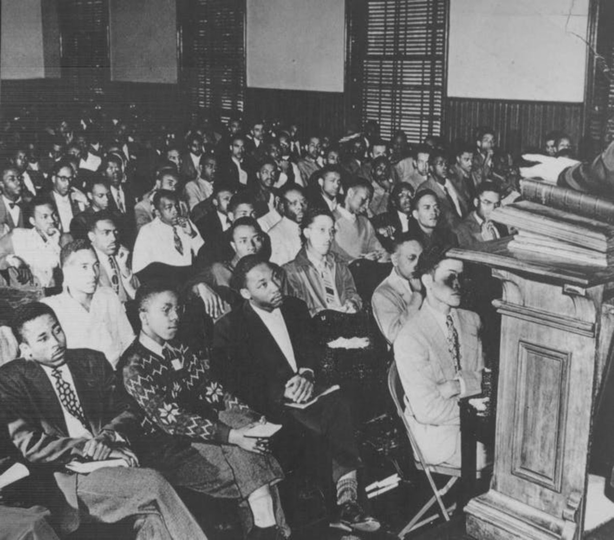 In this photograph taken between 1944 and 1948, Martin Luther King Jr. attends a weekly chapel service in Sale Hall at Morehouse College. Courtesy of Morehouse College.