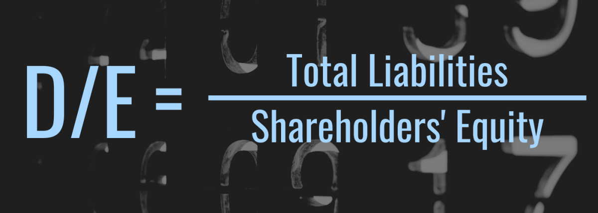 Darkened background image with text overlay formula that reads "D/E = Total Liabilities / Shareholders' Equity"