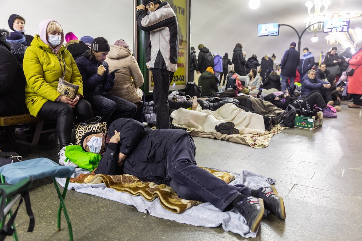 KYIV, UKRAINE - Feb. 25, 2022:  Subway station serves as a shelter for thousands of people during a rocket and bomb attack