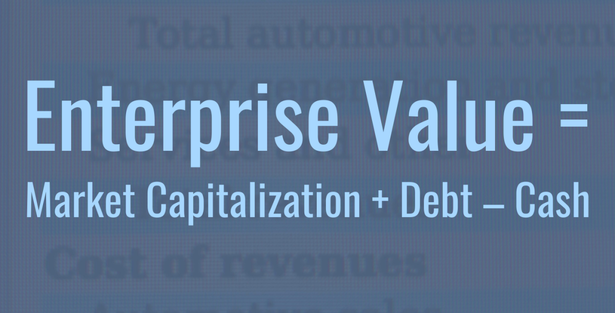 Enterprise Value = Market Capitalization + Debt – Cash