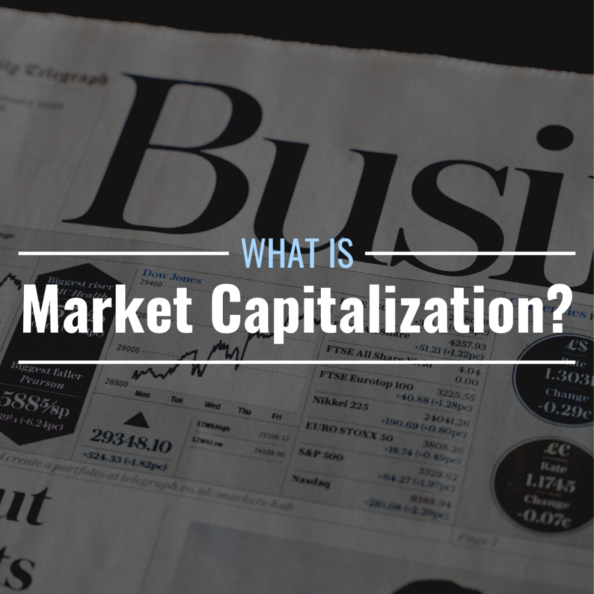 Darkened photo of a business/finance newspaper with text overlay that reads "What Is Market Capitalization?"