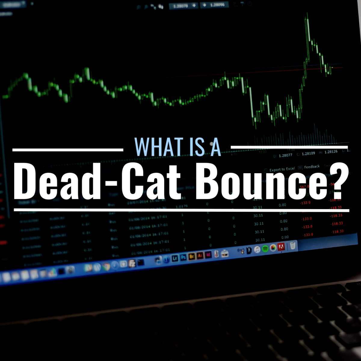 Photo of a computer screen showing a graph with text overlay that reads "What Is a Dead-Cat Bounce?"
