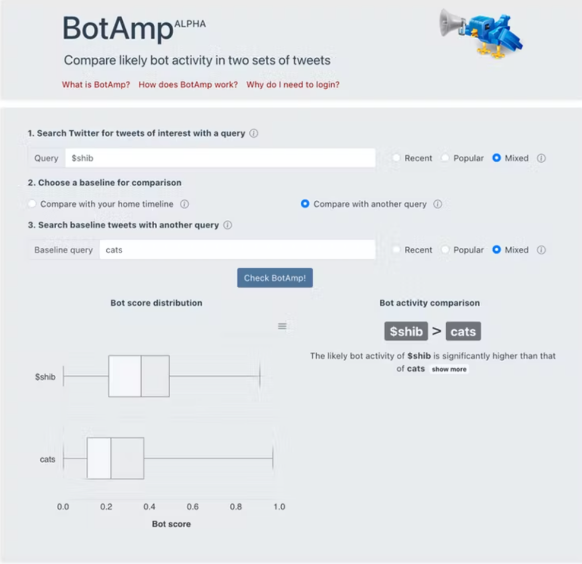 Screenshot of the BotAmp application comparing likely bot activity around two topics on Twitter. Kaicheng Yang